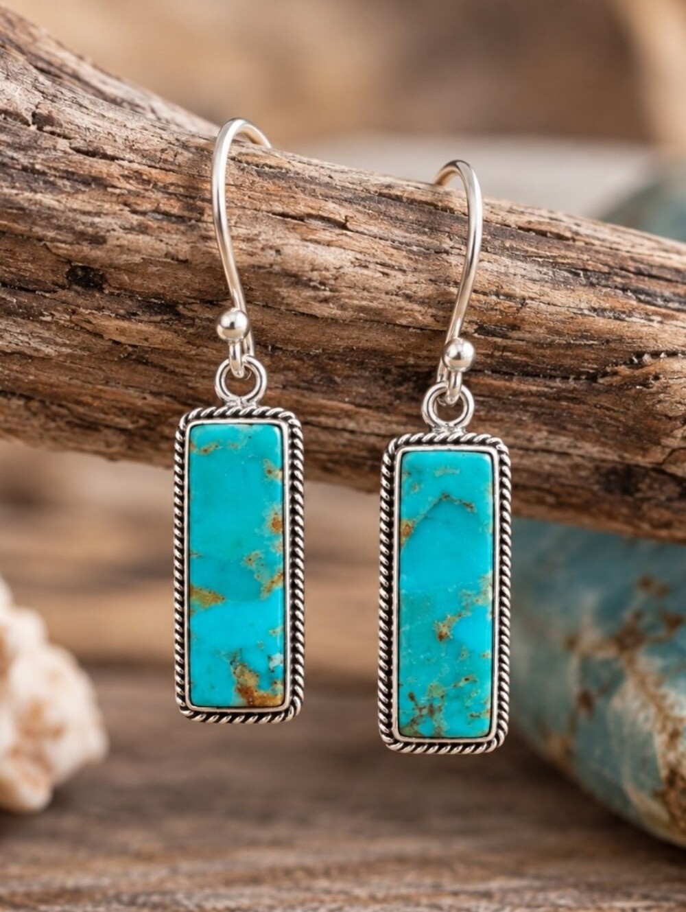 Turquoise Rectangle Drop Earrings with Silver Rope Edge